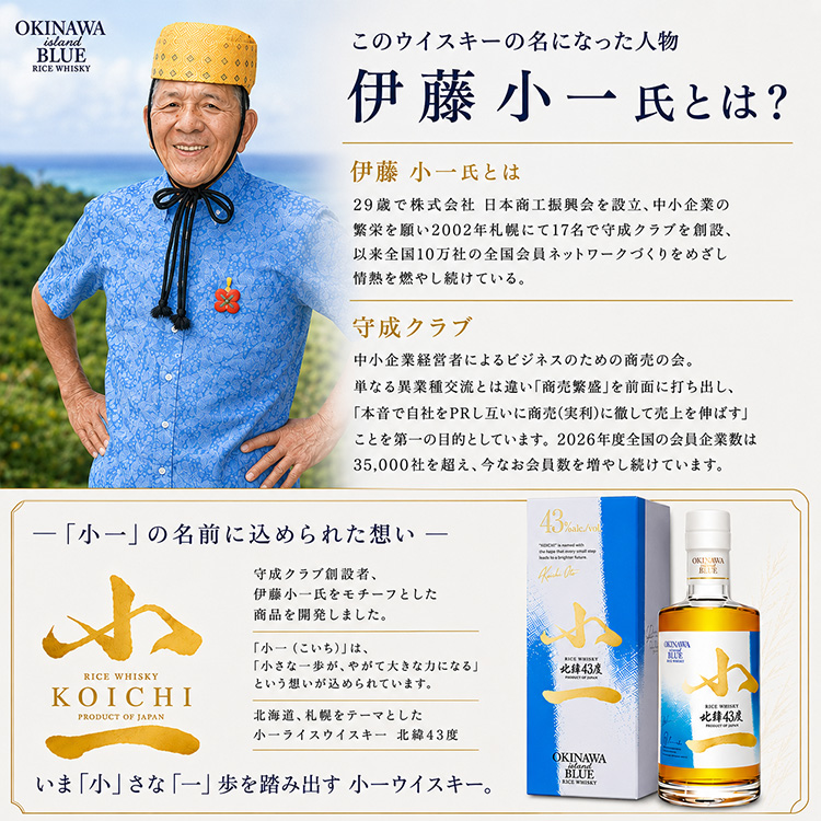 小一ウイスキー RICE WISKY 小一 北緯43度 500ml 久米仙酒造 伊藤小一 守成クラブ 創設者の説明3