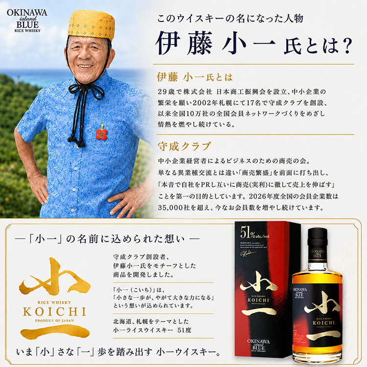 小一ウイスキー RICE WISKY 小一 51度 500ml 久米仙酒造  伊藤小一 守成クラブ 創設者の説明3
