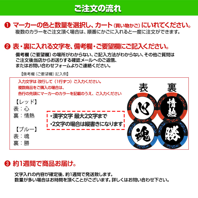 両面に漢字が入れられる 漢字 名入れ カジノチップ マーカー（カジノマーカー）の説明4